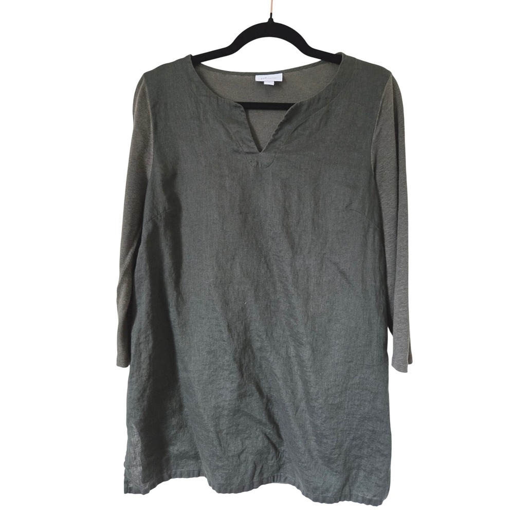 J. Jill Love Linen Tunic Top Womens Medium Olive Green Mixed Media 3/4 Sleeve
